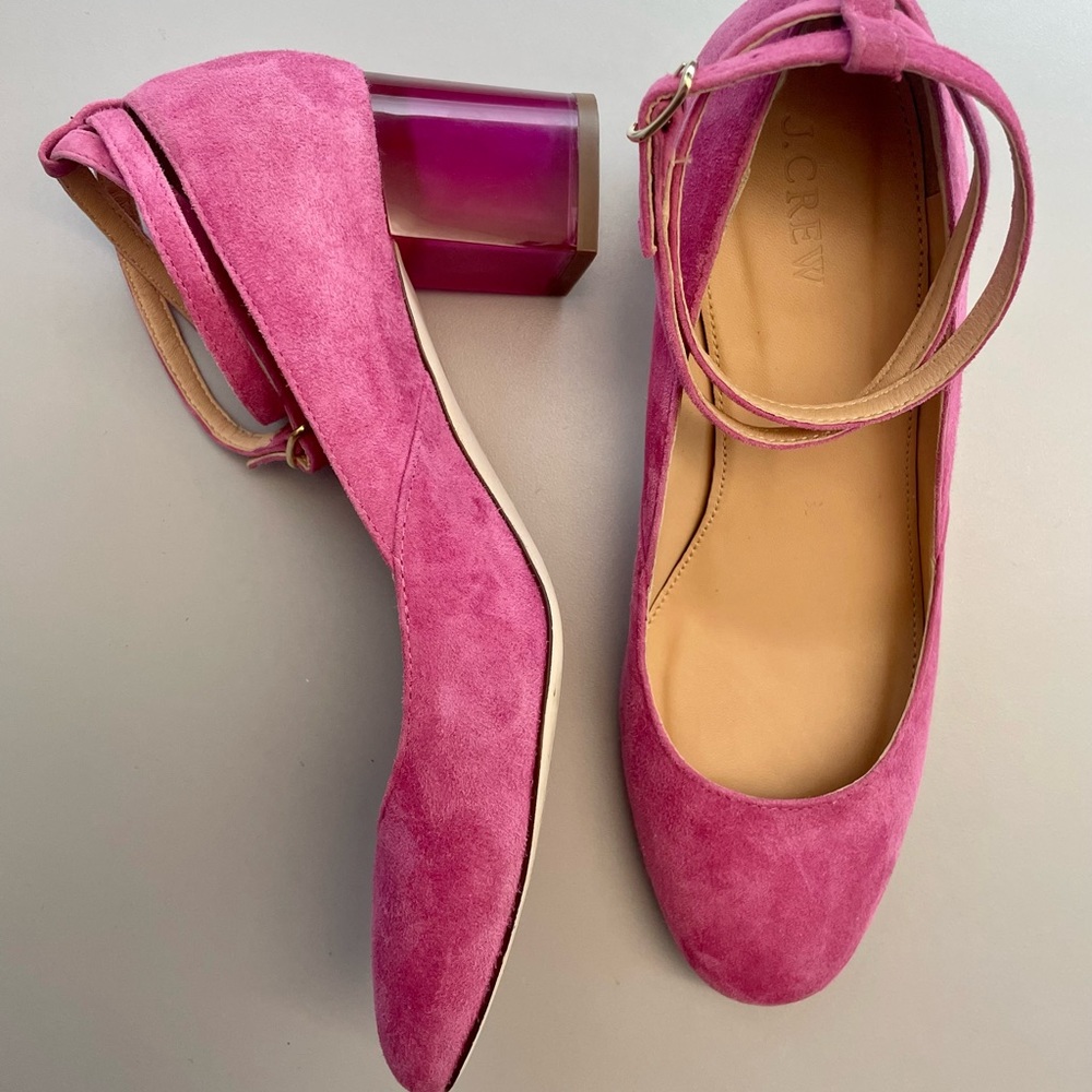 J. Crew pink suede lucite block heels